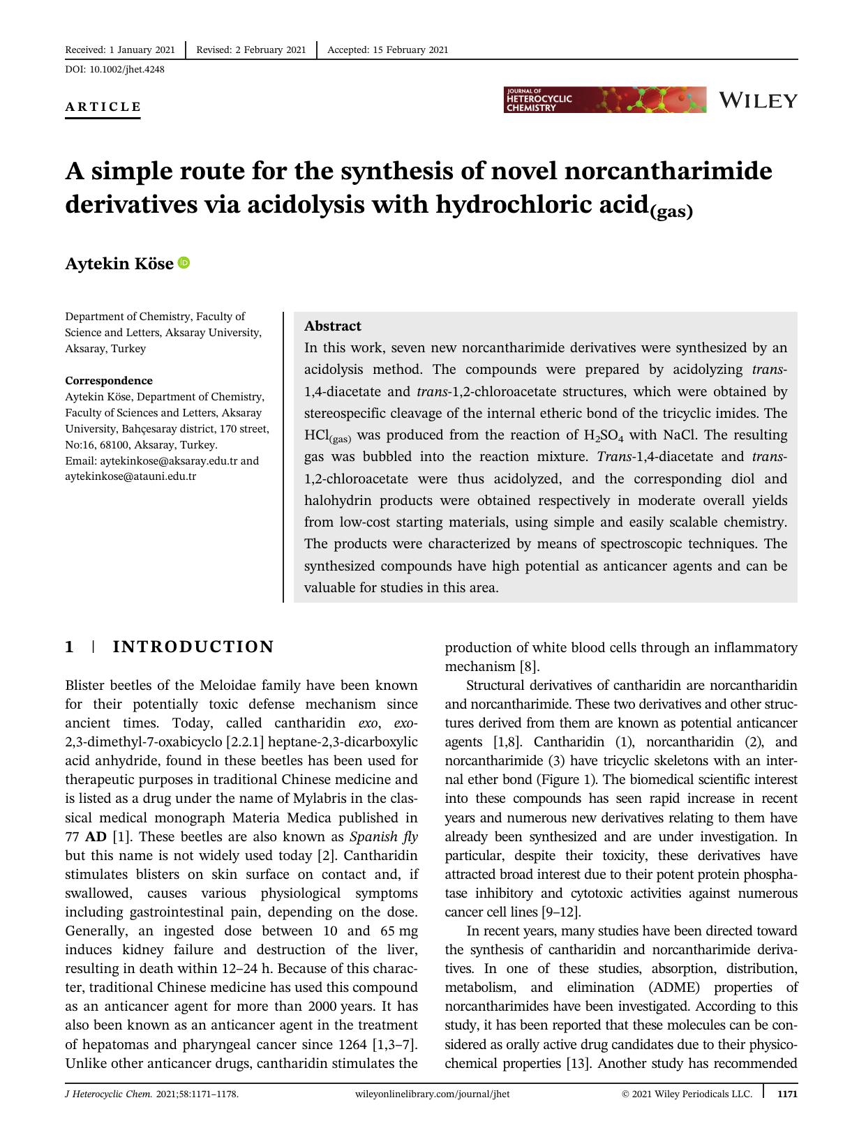 A simple route for the synthesis of novel norcantharimide derivatives via acidolysis with hydrochloric acid(gas) by Unknown