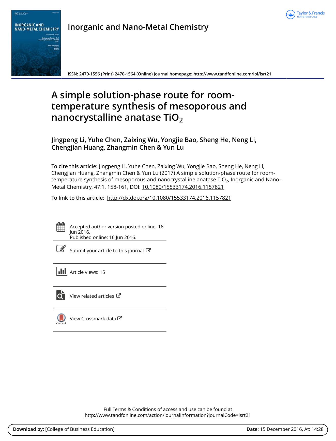 A simple solution-phase route for room-temperature synthesis of mesoporous and nanocrystalline anatase TiO2 by unknow