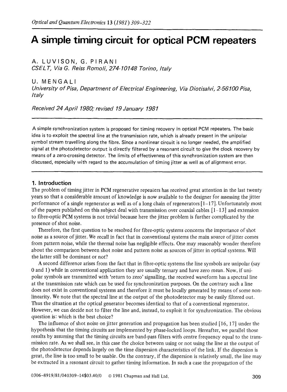 A simple timing circuit for optical PCM repeaters by Unknown