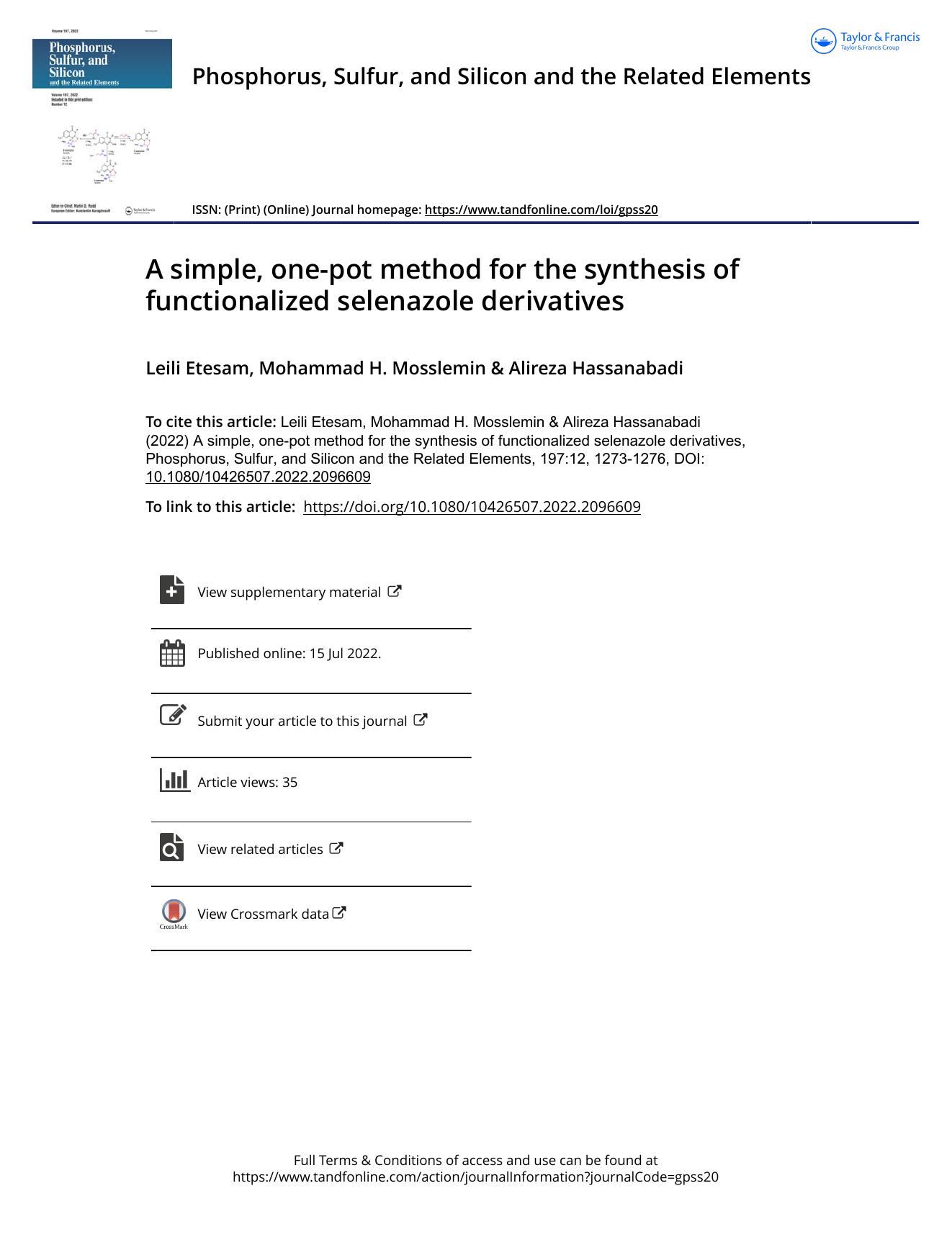 A simple, one-pot method for the synthesis of functionalized selenazole derivatives by Etesam Leili & Mosslemin Mohammad H. & Hassanabadi Alireza