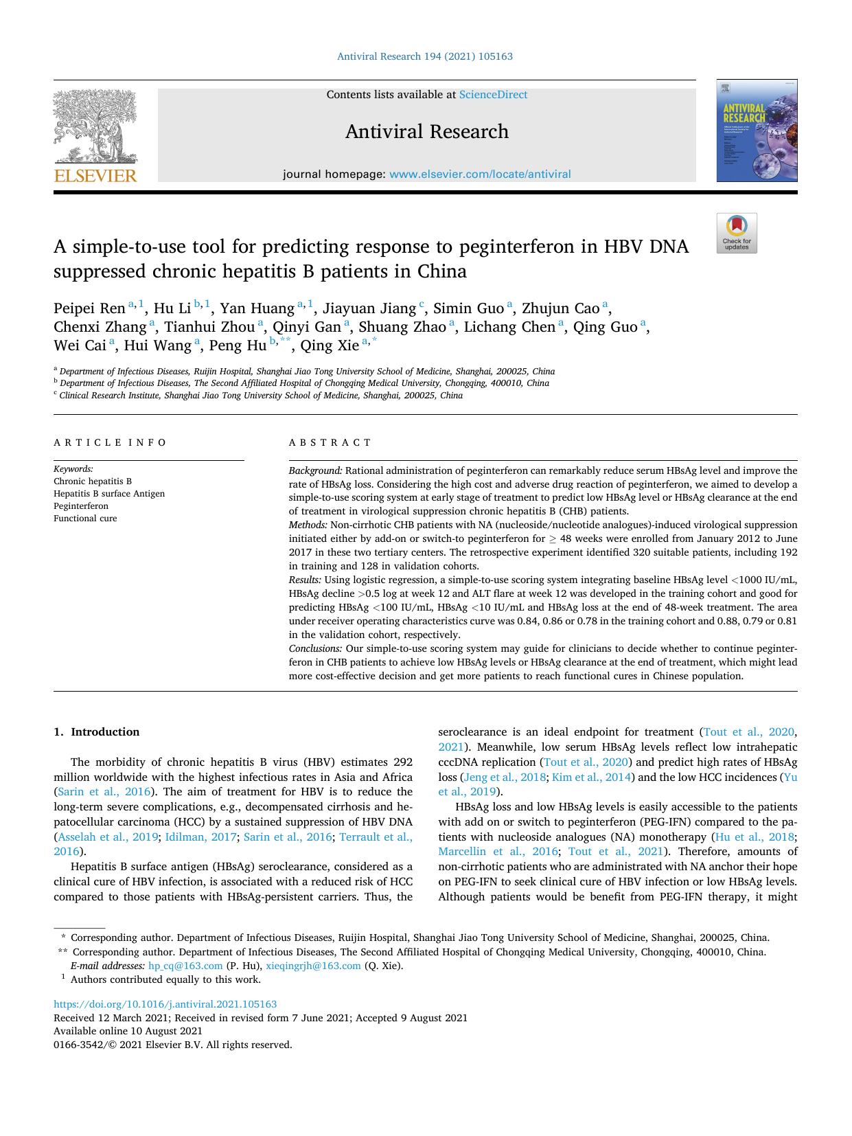 A simple-to-use tool for predicting response to peginterferon in HBV DNA suppressed chronic hepatitis B patients in China by unknow