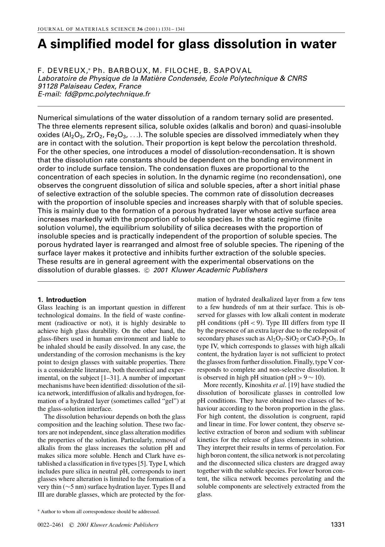 A simplified model for glass dissolution in water by Unknown