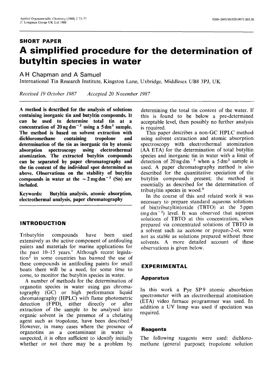 A simplified procedure for the determination of butyltin species in water by Unknown