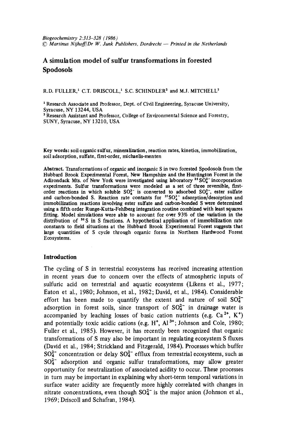 A simulation model of sulfur transformations in forested Spodosols by Unknown