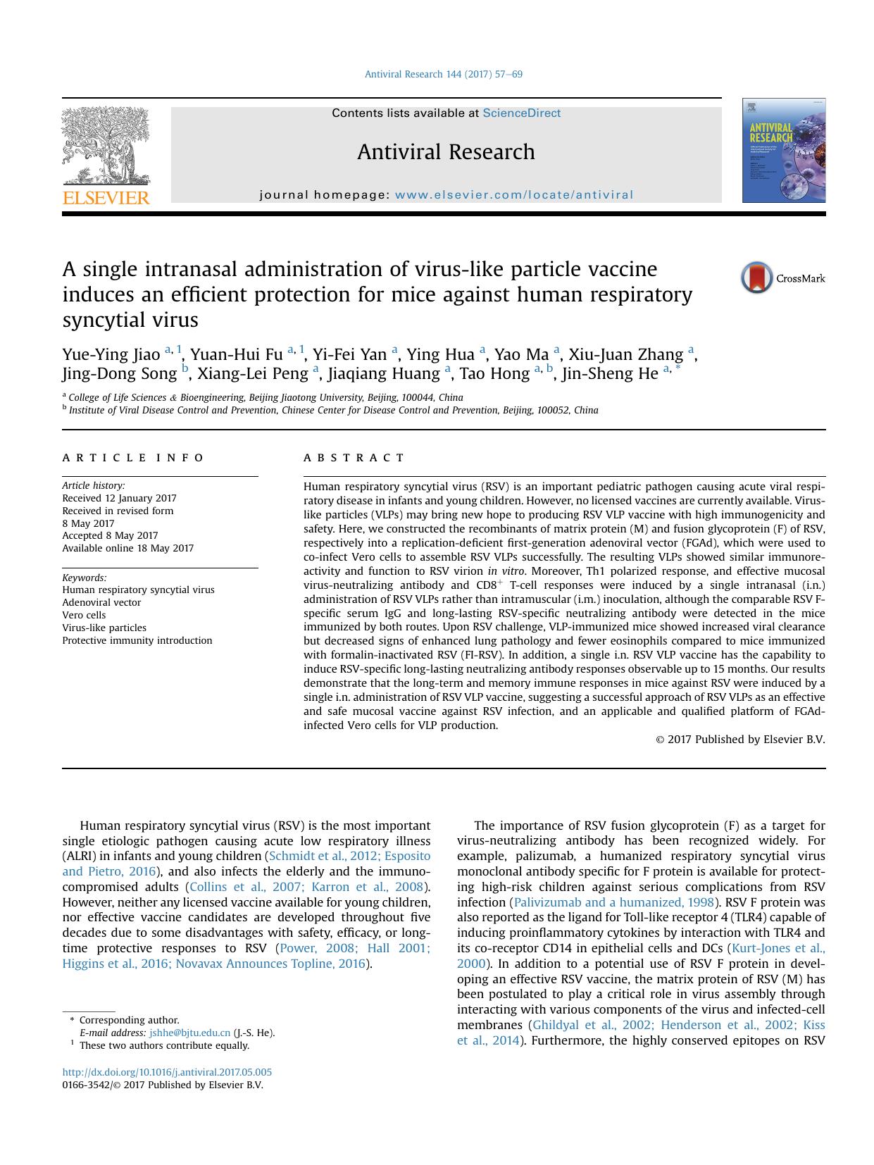 A single intranasal administration of virus-like particle vaccine induces an efficient protection for mice against human respiratory syncytial virus by unknow