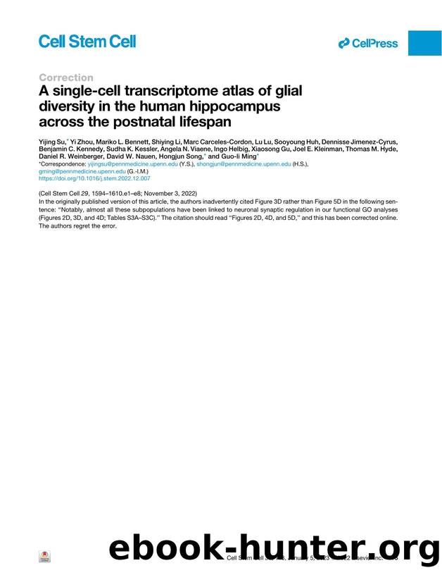 A single-cell transcriptome atlas of glial diversity in the human hippocampus across the postnatal lifespan by unknow