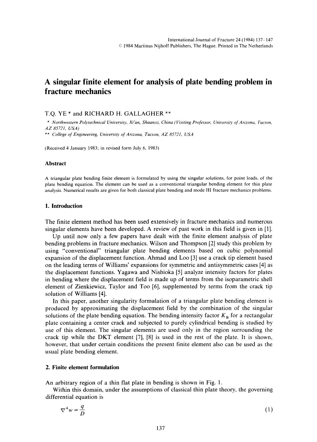A singular finite element for analysis of plate bending problem in fracture mechanics by Unknown