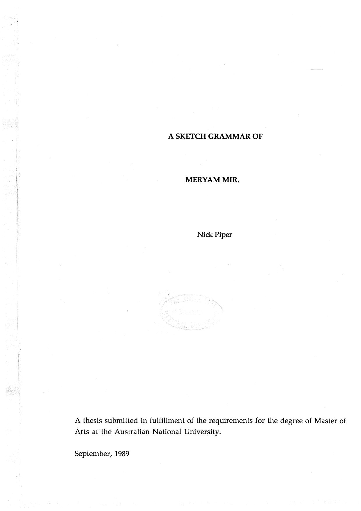 A sketch grammar of Meryam Mir [thesis] by Nick Piper