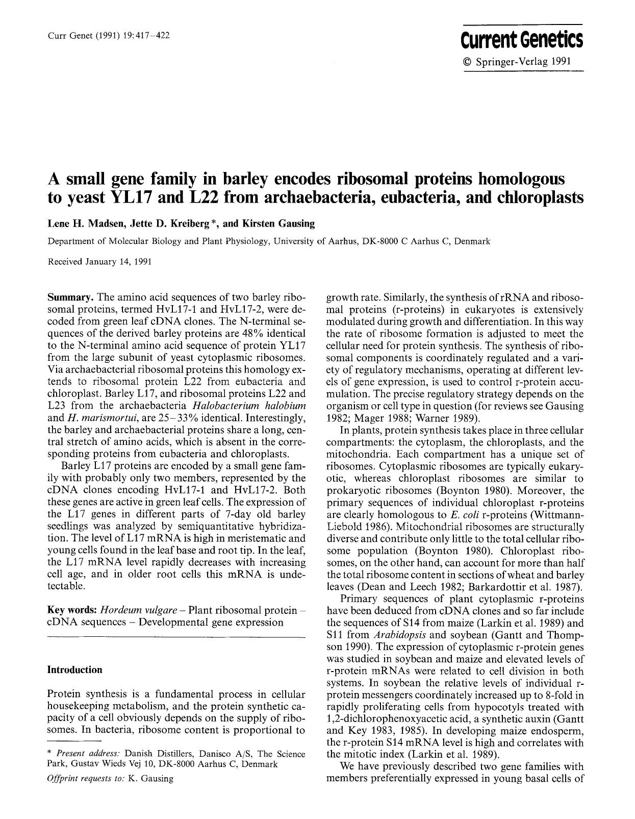 A small gene family in barley encodes ribosomal proteins homologous to yeast YL17 and L22 from archaebacteria, eubacteria, and chloroplasts by Unknown