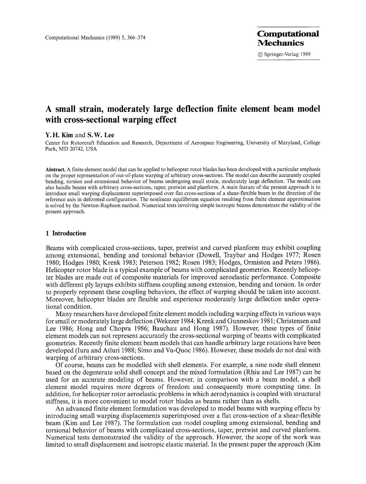 A small strain, moderately large deflection finite element beam model with cross-sectional warping effect by Unknown