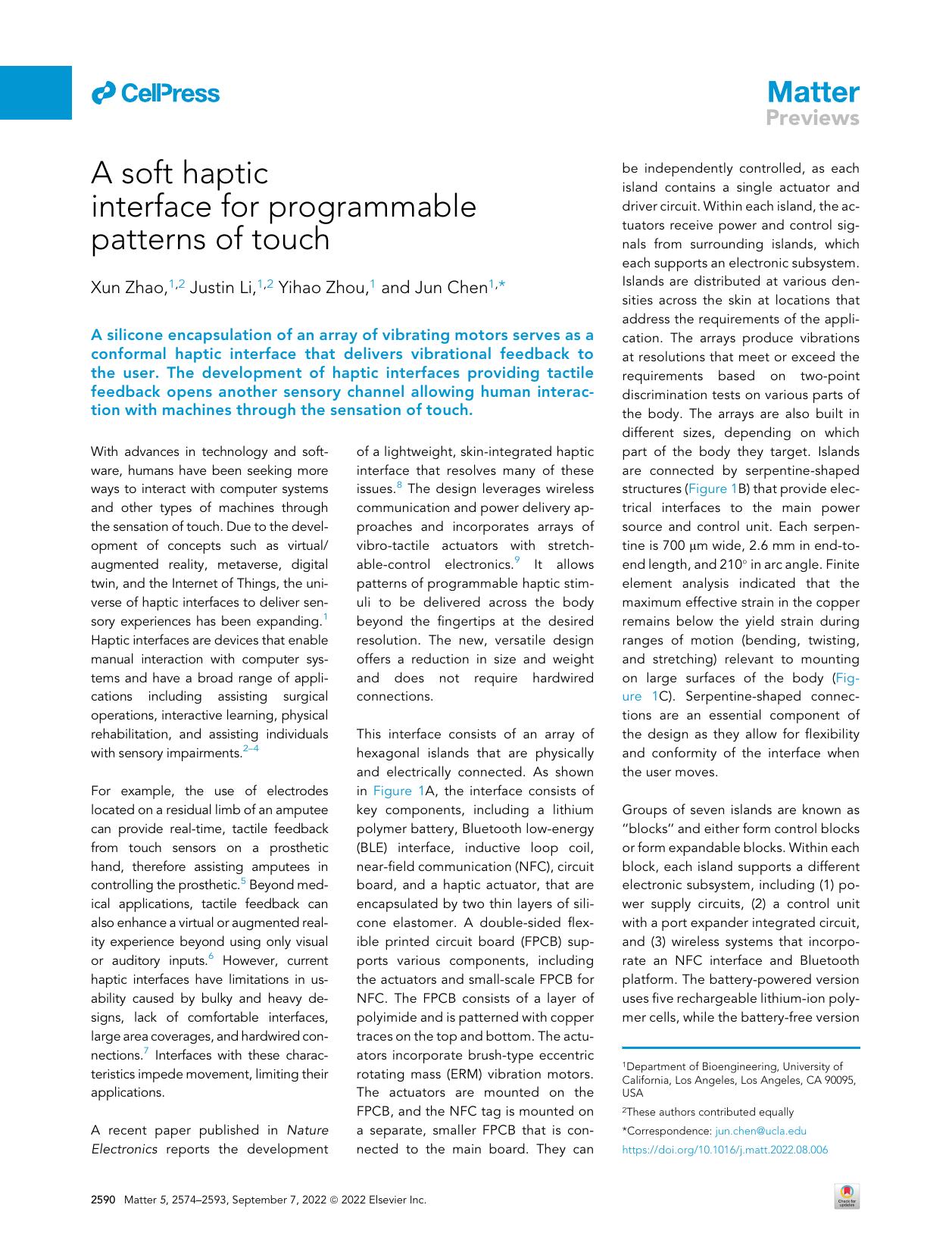A soft haptic interface for programmable patterns of touch by Xun Zhao & Justin Li & Yihao Zhou & Jun Chen