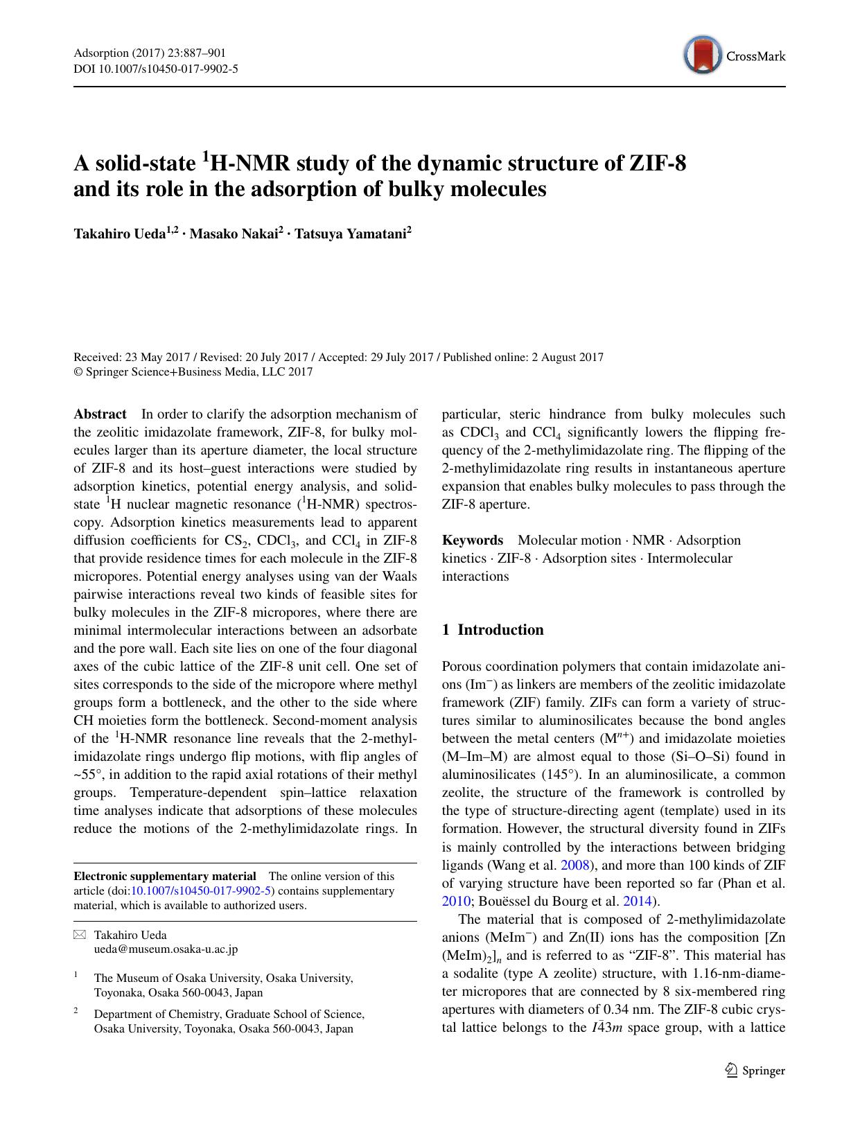 A solid-state 1H-NMR study of the dynamic structure of ZIF-8 and its role in the adsorption of bulky molecules by Takahiro Ueda