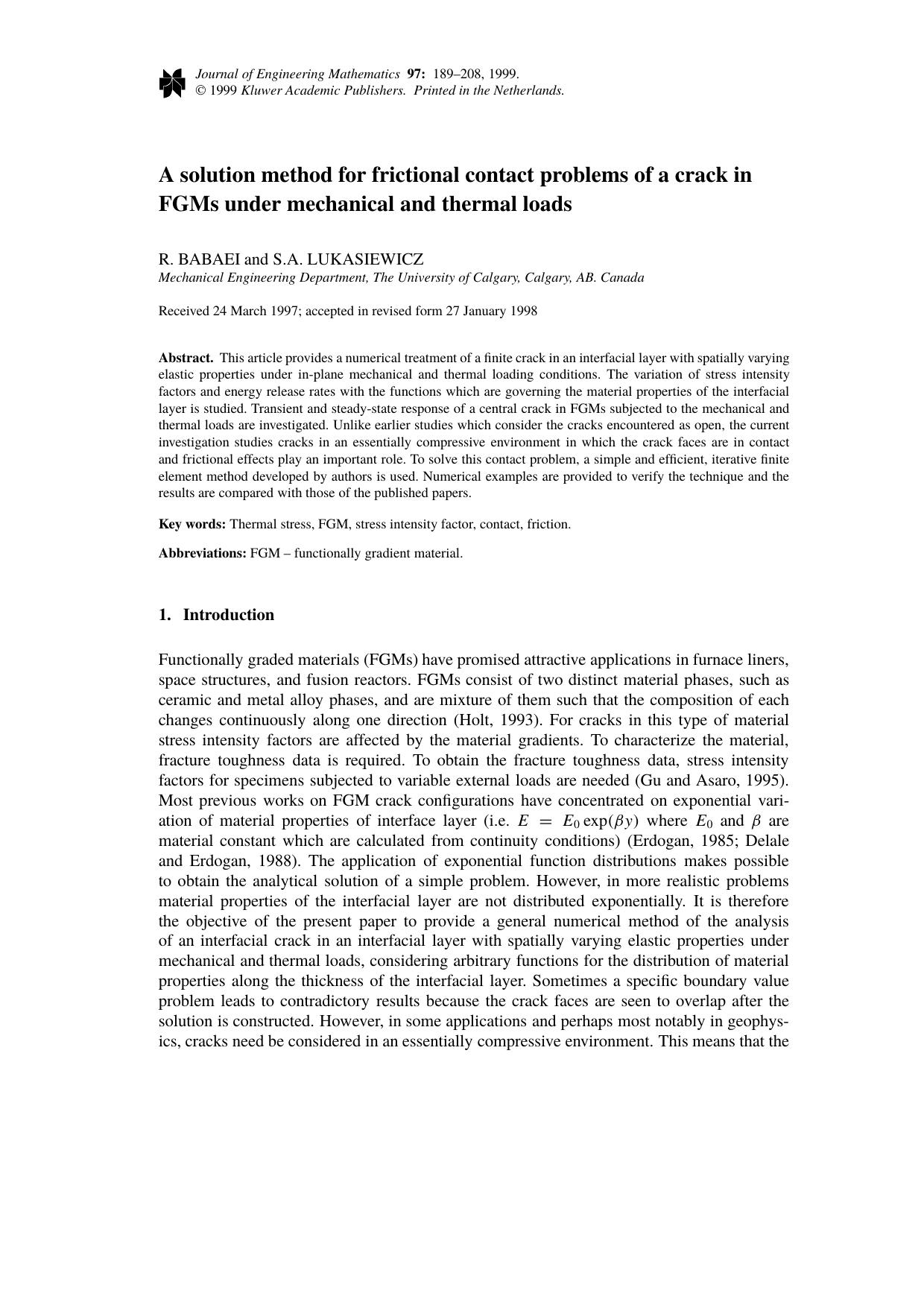 A solution method for frictional contact problems of a crack in FGMs under mechanical and thermal loads by Unknown