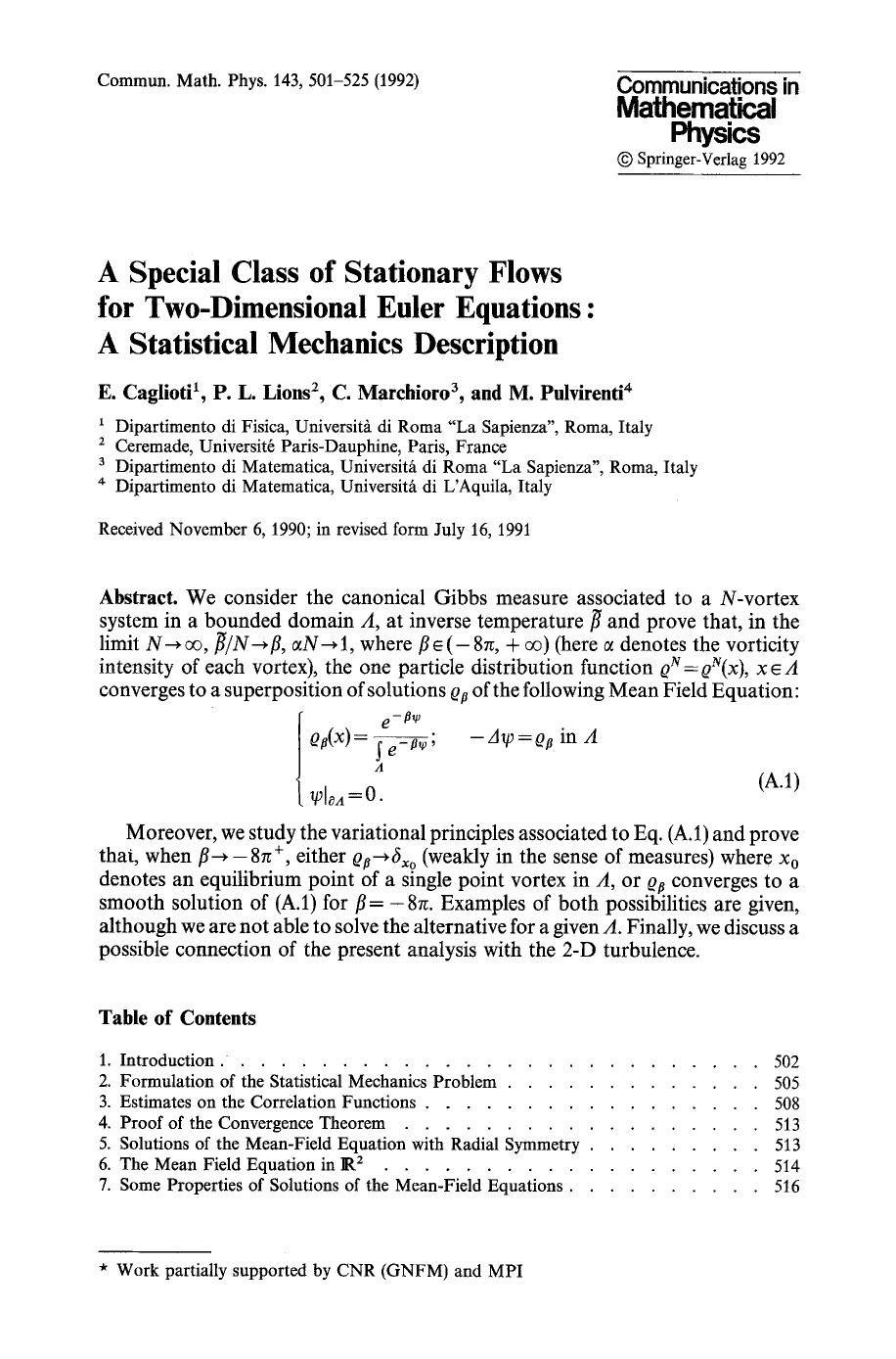 A special class of stationary flows for two-dimensional Euler equations: A statistical mechanics description by Unknown