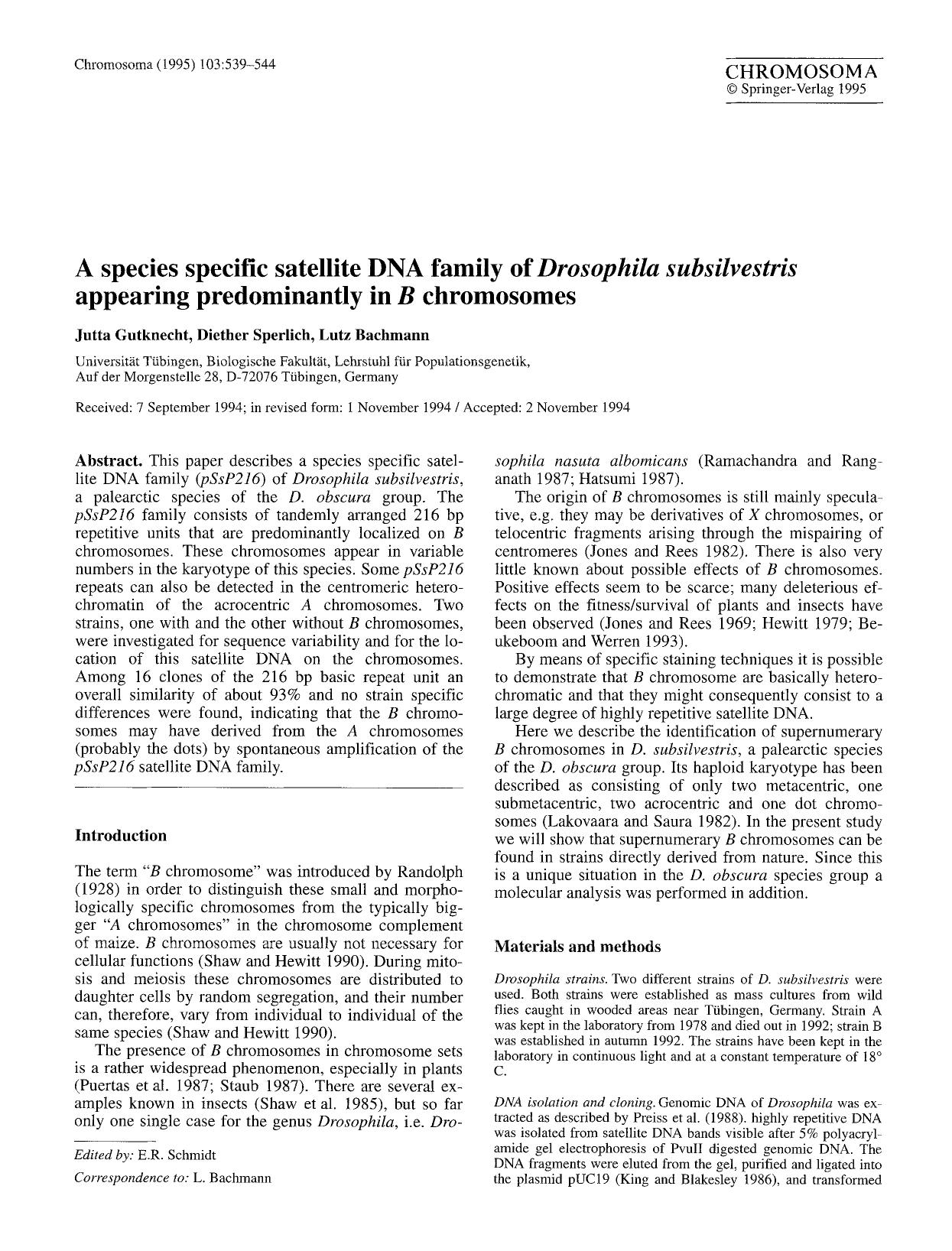 A species specific satellite DNA family of <Emphasis Type="Italic">Drosophila subsilvestris<Emphasis> appearing predominantly in <Emphasis Type="Italic">B<Emphasis> chromosomes by Unknown