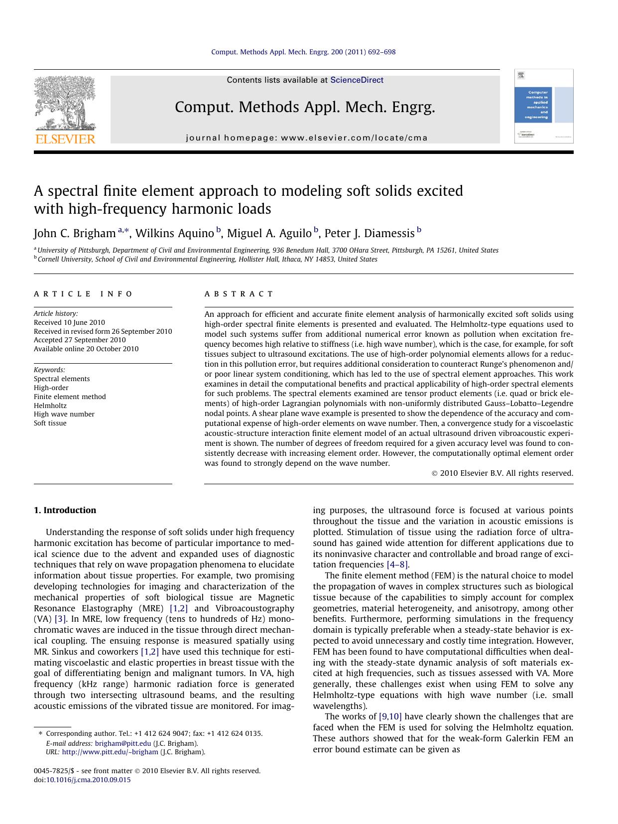 A spectral finite element approach to modeling soft solids excited with high-frequency harmonic loads by John C. Brigham & Wilkins Aquino & Miguel A. Aguilo & Peter J. Diamessis