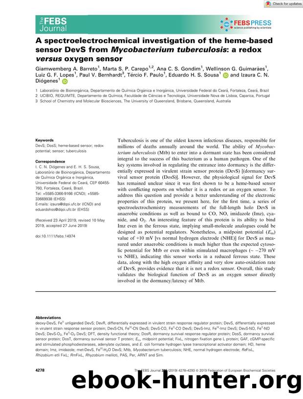 A spectroelectrochemical investigation of the hemeâbased sensor DevSÂ from MycobacteriumÂ tuberculosis: a redox versus oxygen sensor by Unknown