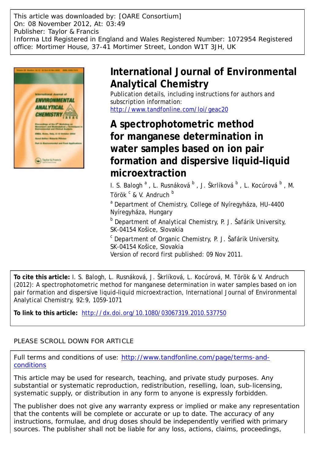 A spectrophotometric method for manganese determination in water samples based on ion pair formation and dispersive liquidâliquid microextraction by I. S. Balogh L. Rusnáková J. Škrlíková L. Kocúrová M. Török & V. Andruch