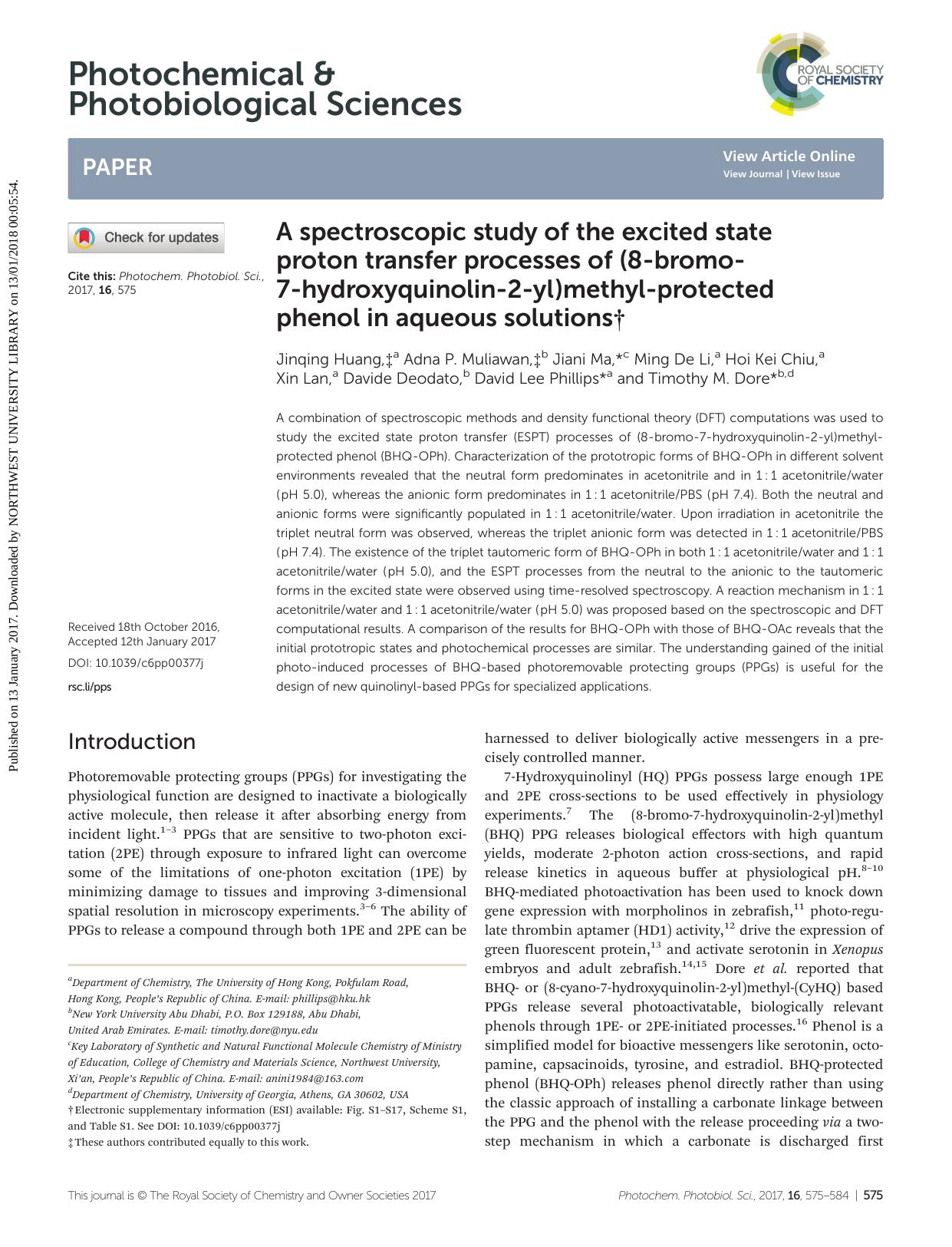 A spectroscopic study of the excited state proton transfer processes of (8-bromo-7-hydroxyquinolin-2-yl)methyl-protected phenol in aqueous solutions by unknow