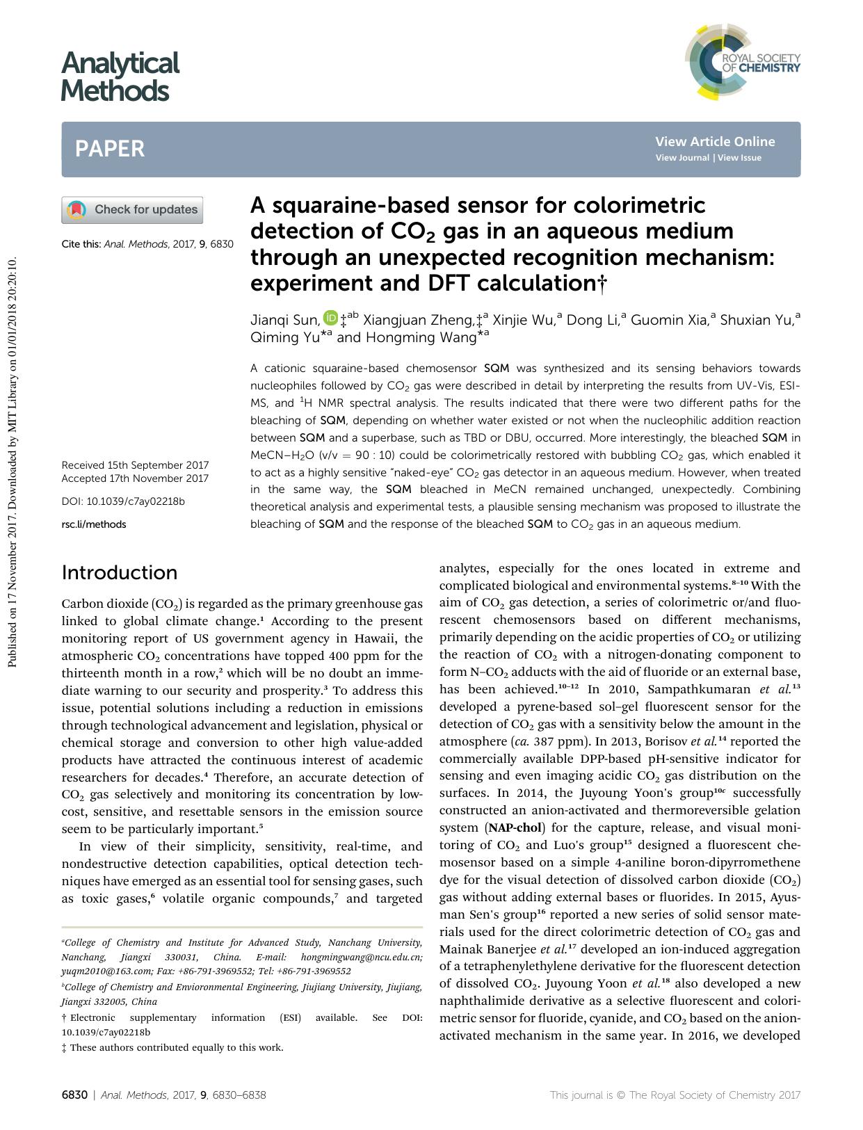 A squaraine-based sensor for colorimetric detection of CO2 gas in an aqueous medium through an unexpected recognition mechanism: experiment and DFT calculation by unknow