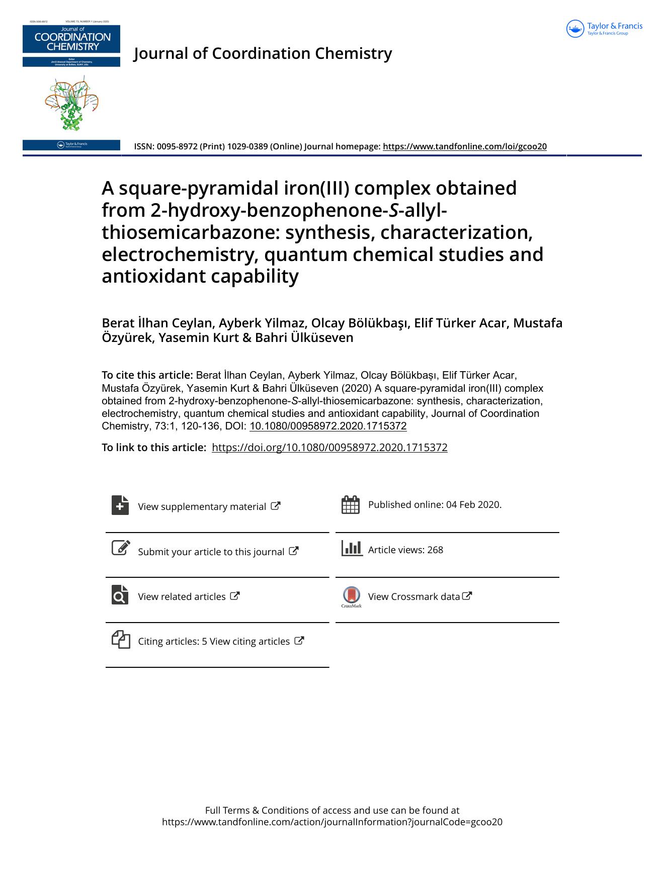 A square-pyramidal iron(III) complex obtained from 2-hydroxy-benzophenone-S-allyl-thiosemicarbazone: synthesis, characterization, electrochemistry, quantum chemical studies and antioxidant capability by unknow