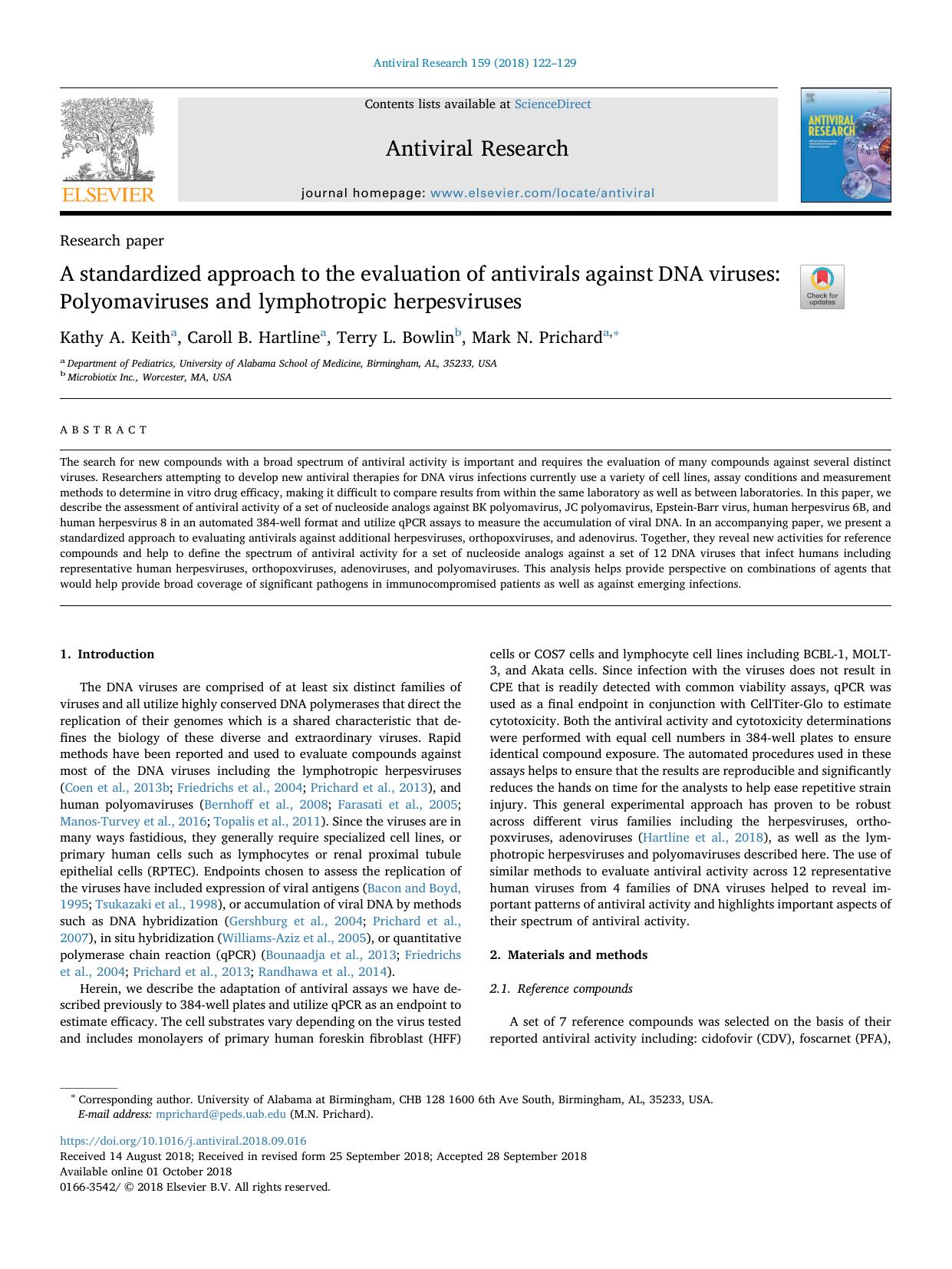 A standardized approach to the evaluation of antivirals against DNA viruses_ Polyomaviruses and lymphotropic herpesviruses by Kathy A. Keith & Caroll B. Hartline & Terry L. Bowlin & Mark N. Prichard