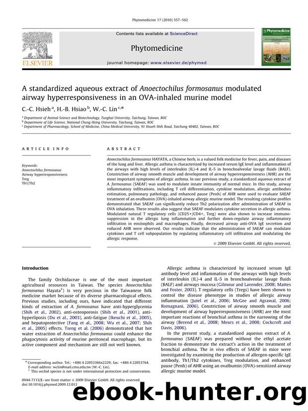 A standardized aqueous extract of Anoectochilus formosanus modulated airway hyperresponsiveness in an OVA-inhaled murine model by C.-C. Hsieh; H.-B. Hsiao; W.-C. Lin