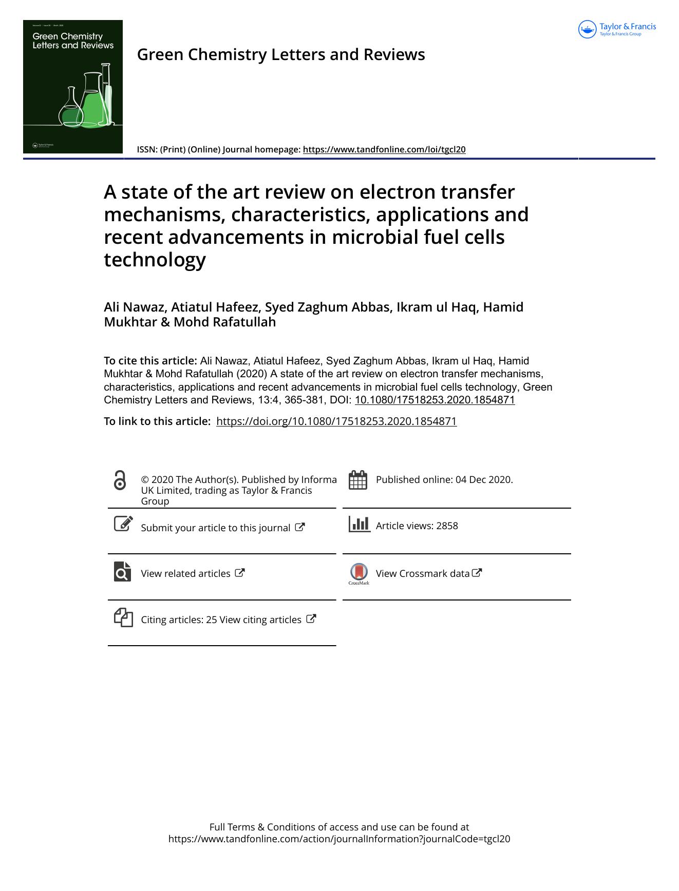 A state of the art review on electron transfer mechanisms, characteristics, applications and recent advancements in microbial fuel cells technology by Ali Nawaz