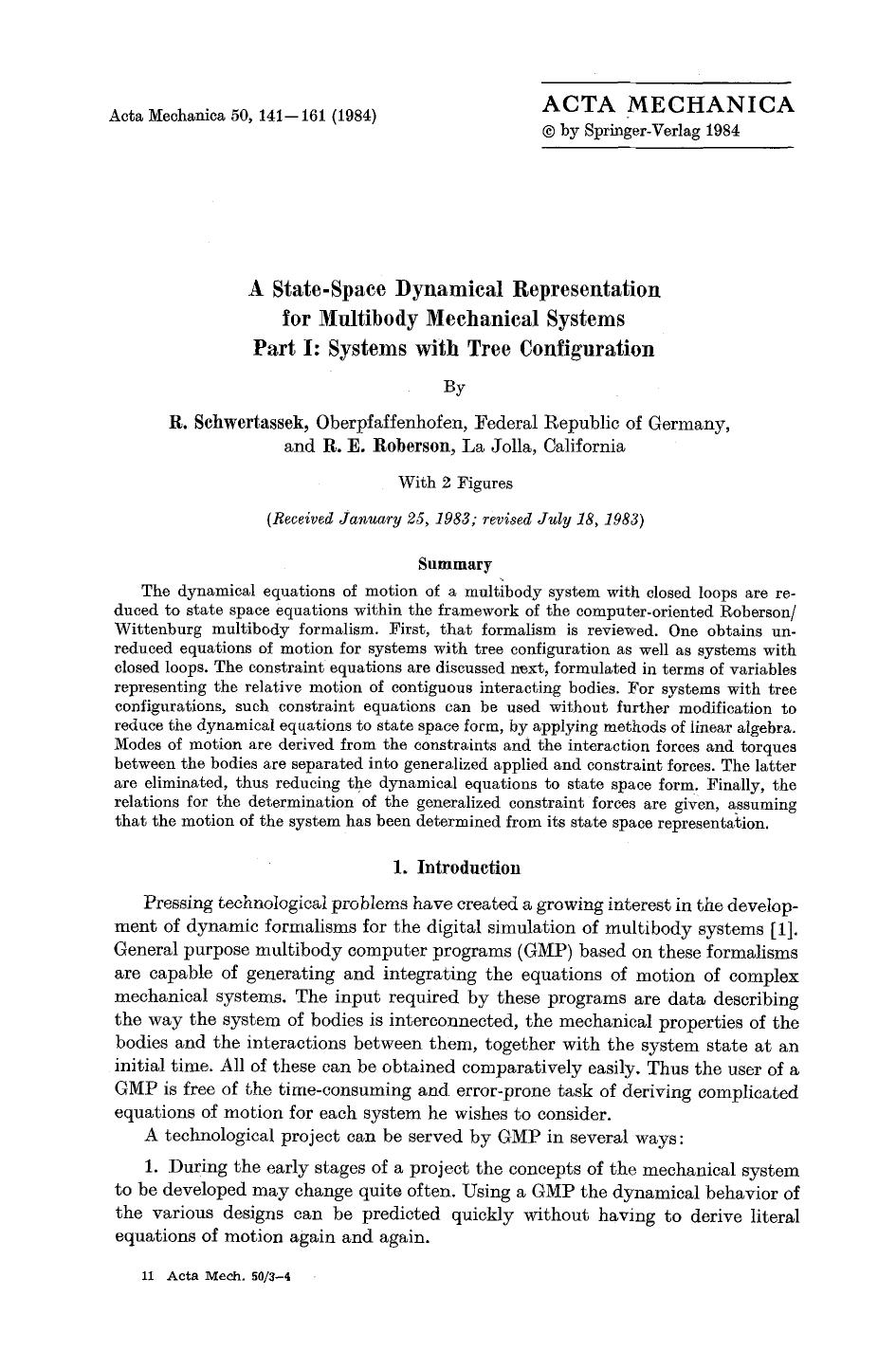 A state-space dynamical representation for multibody mechanical systems part I: Systems with tree configuration by Unknown