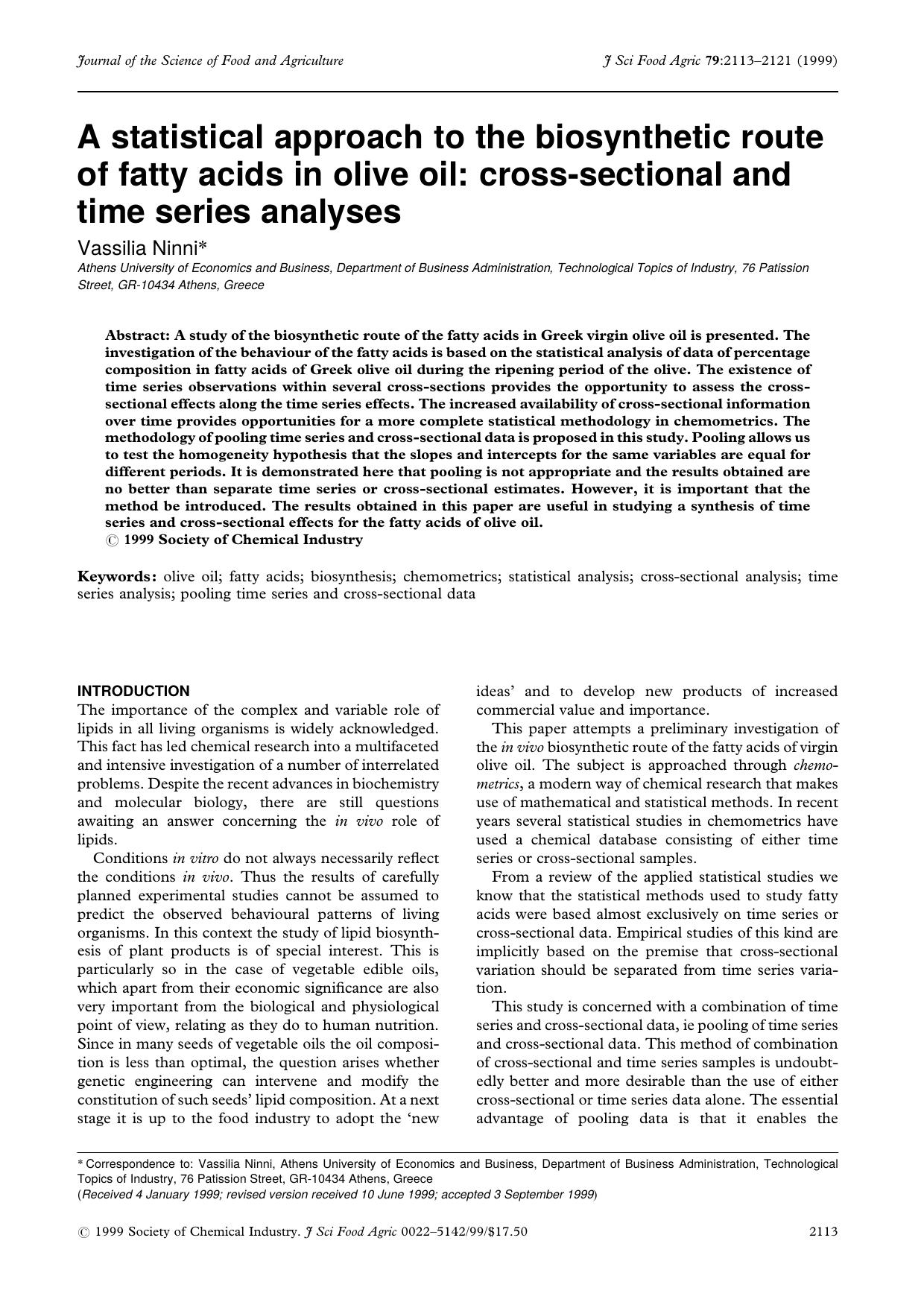 A statistical approach to the biosynthetic route of fatty acids in olive oil: cross-sectional and time series analyses by Unknown