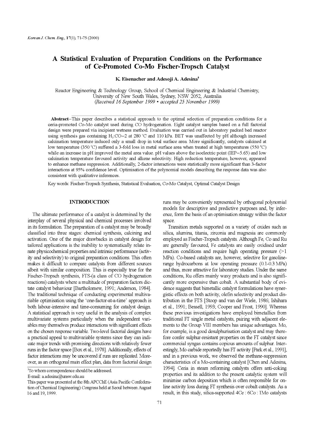 A statistical evaluation of preparation conditions on the performance of Ce-promoted Co-Mo Fischer-Tropsch catalyst by Unknown