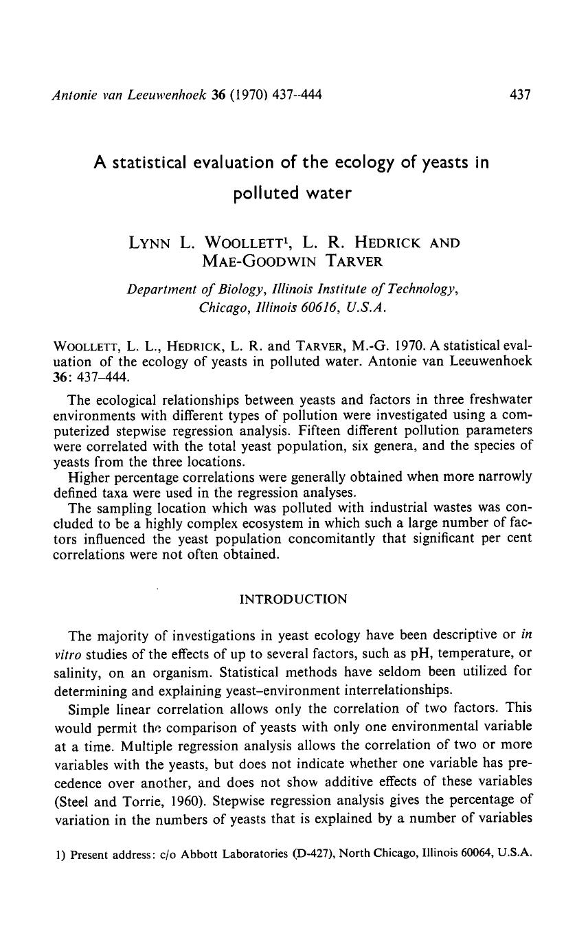A statistical evaluation of the ecology of yeasts in polluted water by Unknown