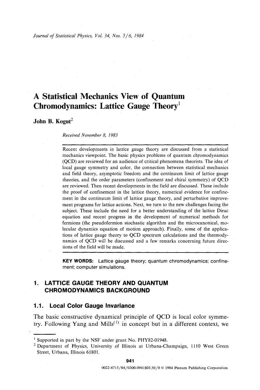 A statistical mechanics view of quantum chromodynamics: Lattice gauge theory by Unknown