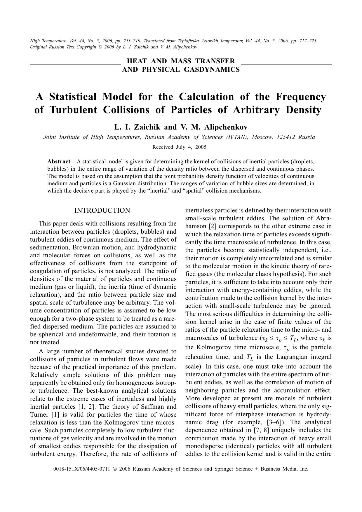 A statistical model for the calculation of the frequency of turbulent collisions of particles of arbitrary density by Unknown