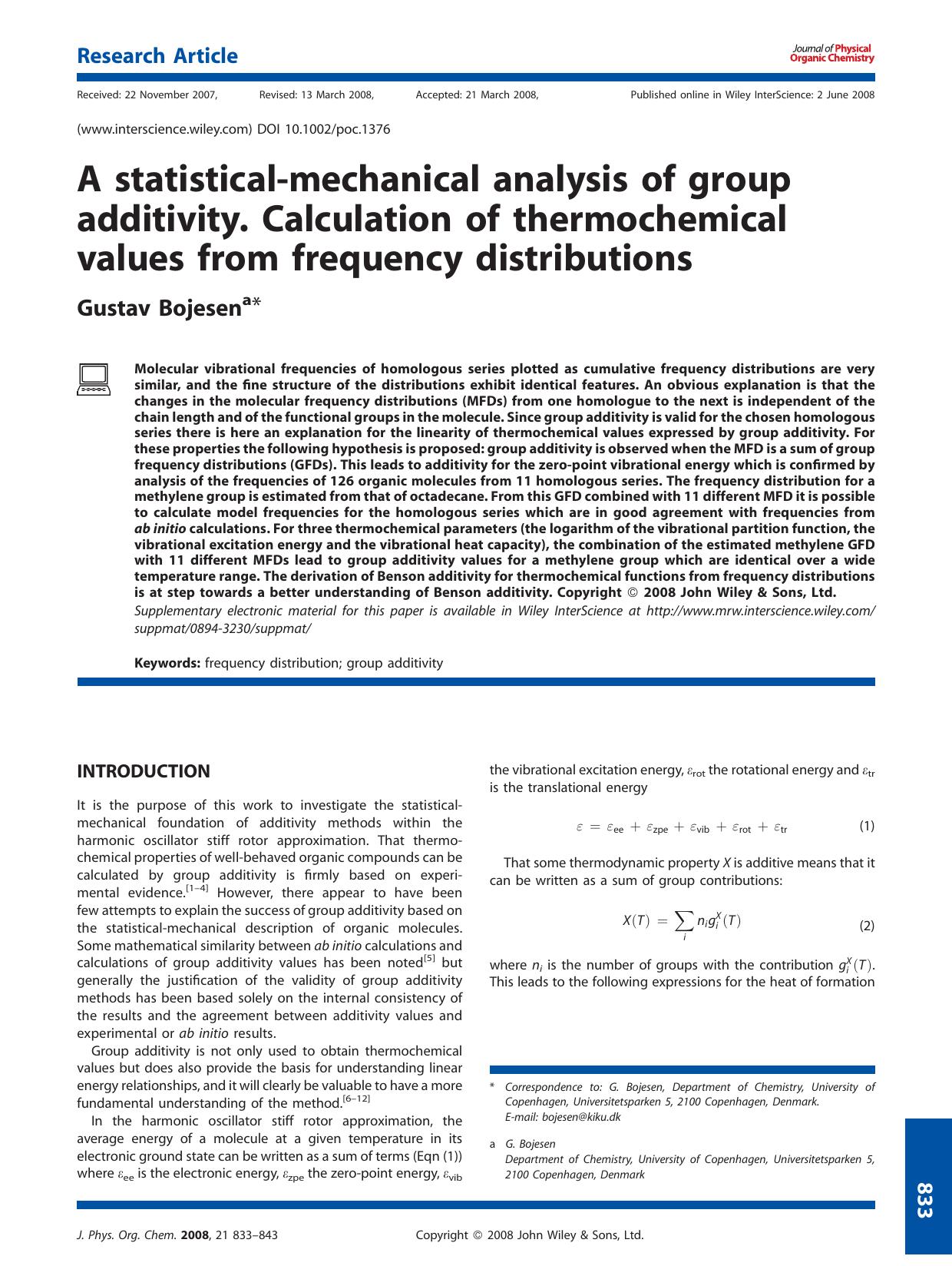 A statistical-mechanical analysis of group additivity. Calculation of thermochemical values from frequency distributions by Unknown