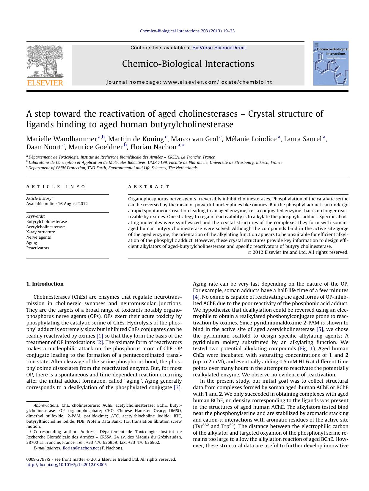 A step toward the reactivation of aged cholinesterases Ã¢â¬â Crystal structure of ligands binding to aged human butyrylcholinesterase by unknow