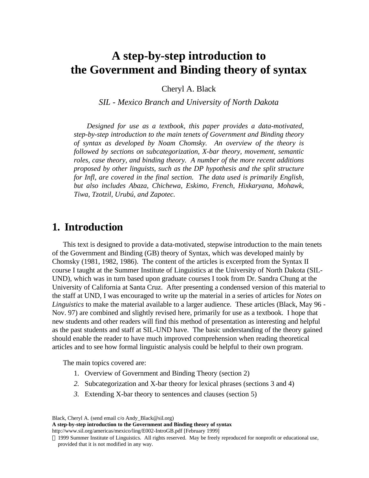 A step-by-step introduction to the government and binding theory of syntax by Black Cheryl A
