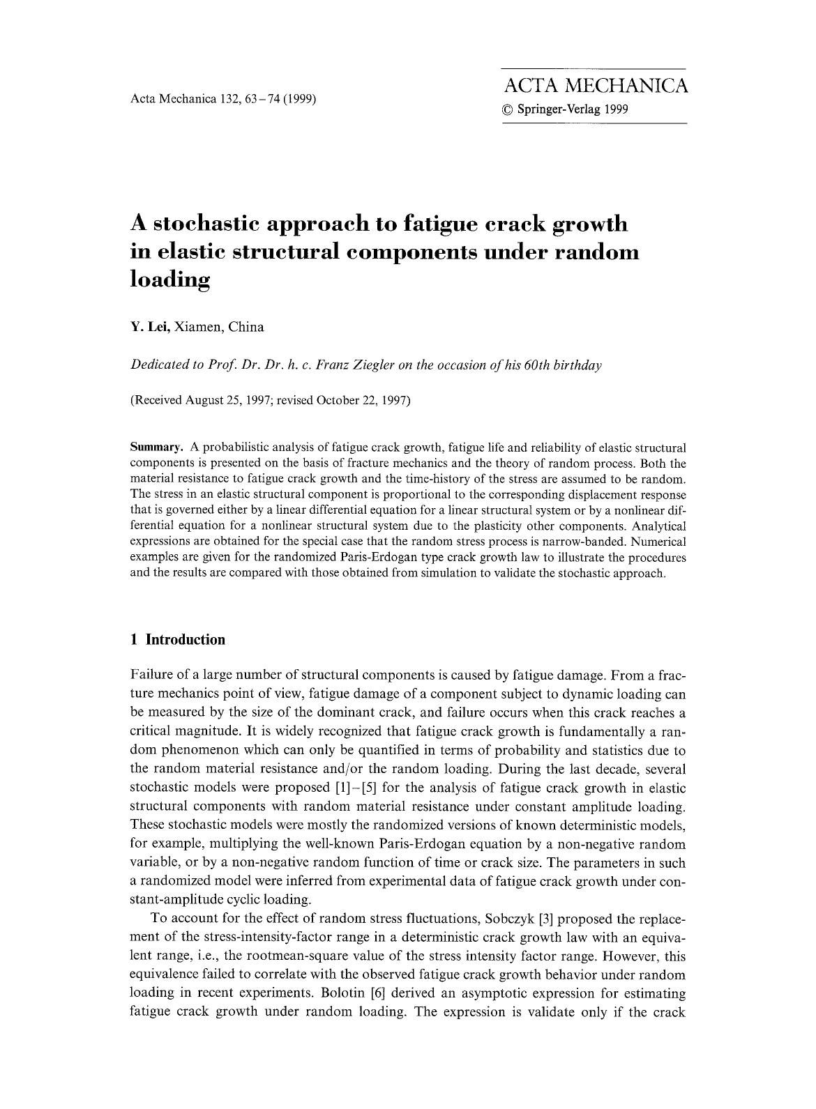 A stochastic approach to fatigue crack growth in elastic structural components under random loading by Unknown