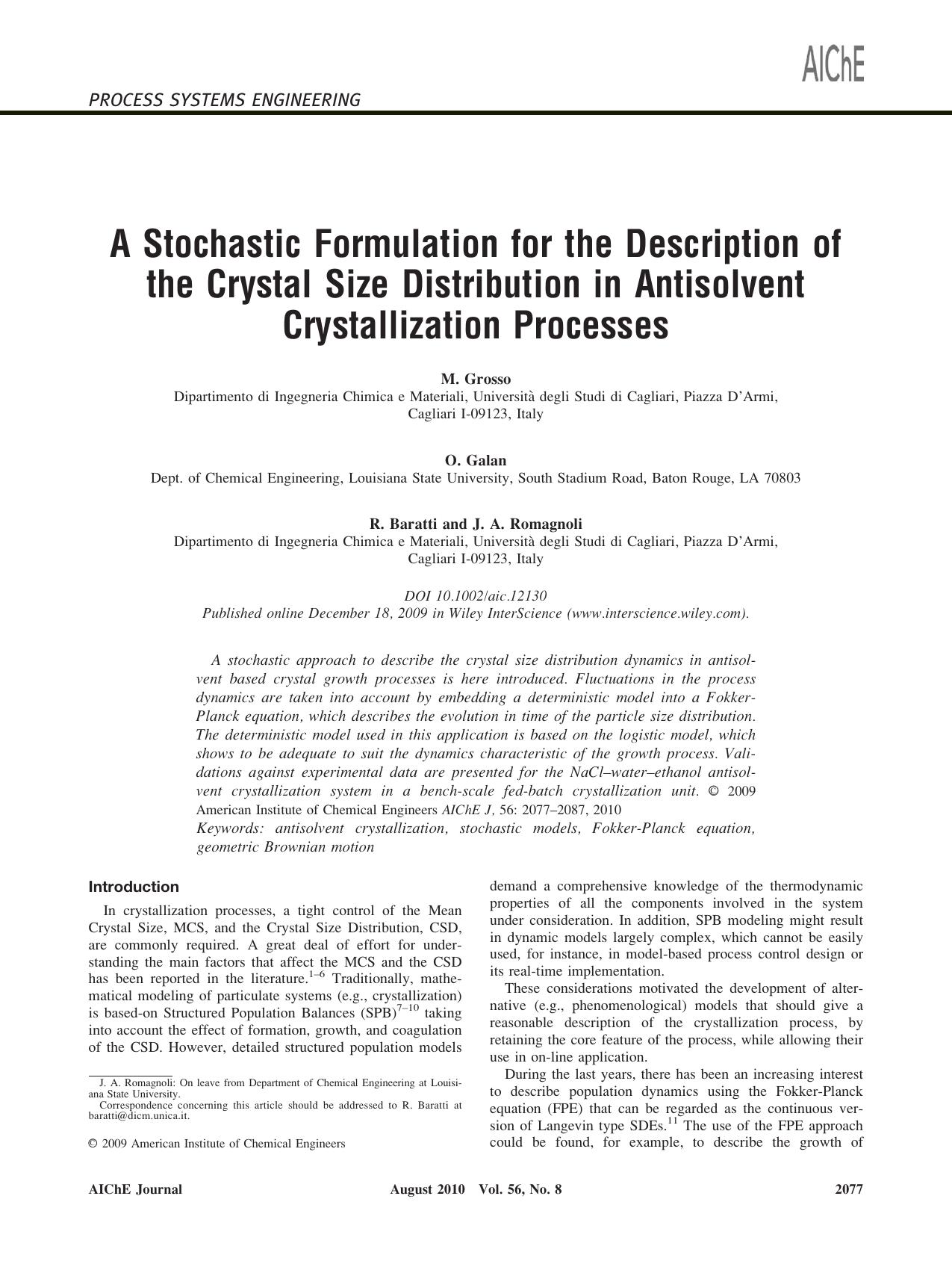 A stochastic formulation for the description of the crystal size distribution in antisolvent crystallization processes by Unknown