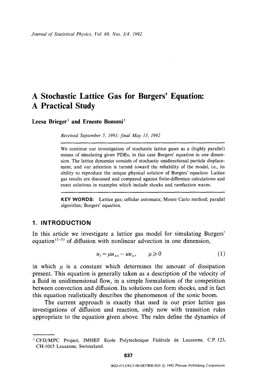 A stochastic lattice gas for Burgers' equation: A practical study by Unknown