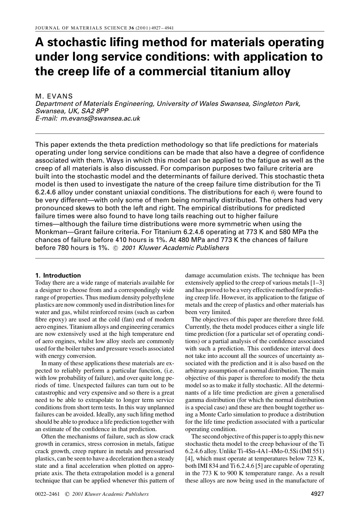 A stochastic lifing method for materials operating under long service conditions: with application to the creep life of a commercial titanium alloy by Unknown