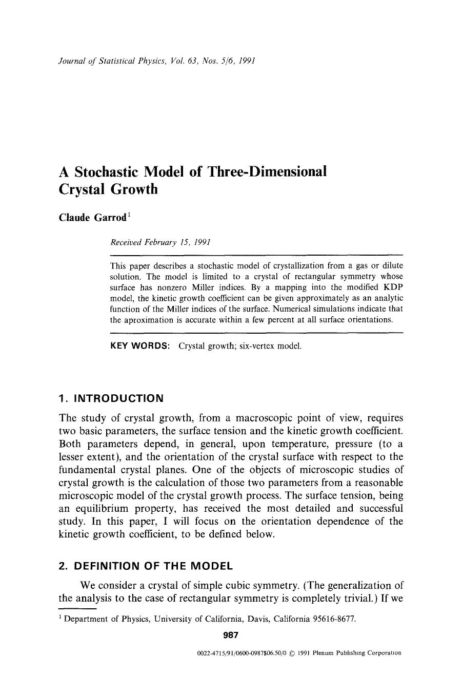 A stochastic model of three-dimensional crystal growth by Unknown