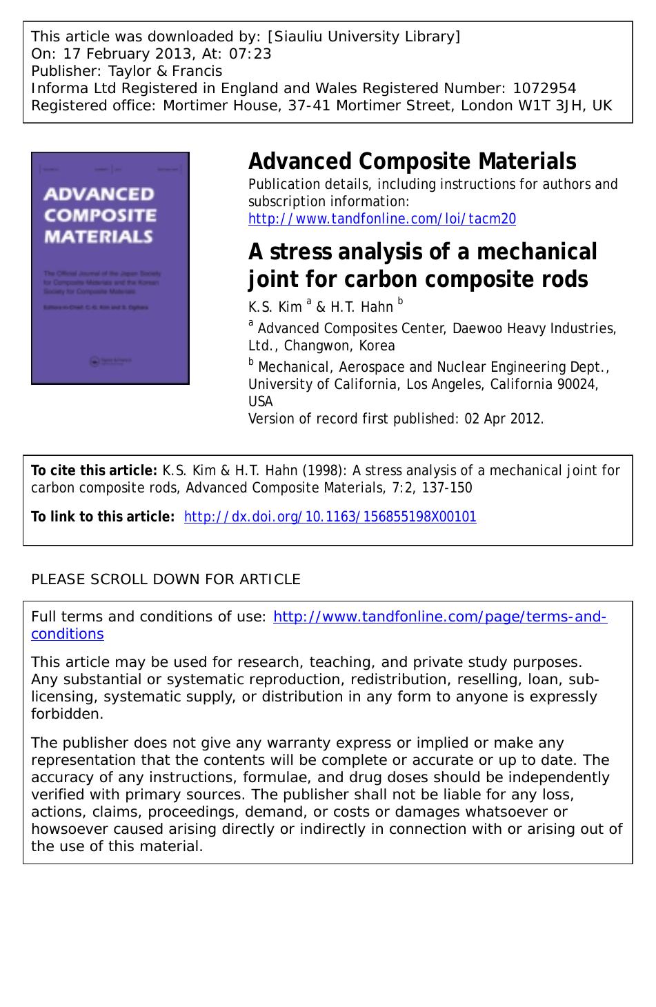 A stress analysis of a mechanical joint for carbon composite rods by K.S. Kim & H.T. Hahn