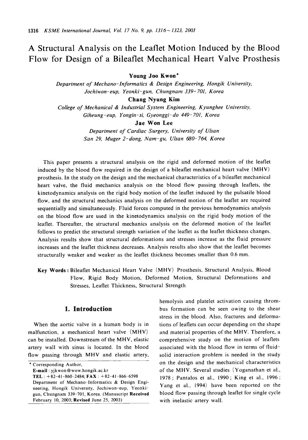 A structural analysis on the leaflet motion induced by the blood flow for design of a bileaflet mechanical heart valve prosthesis by Unknown