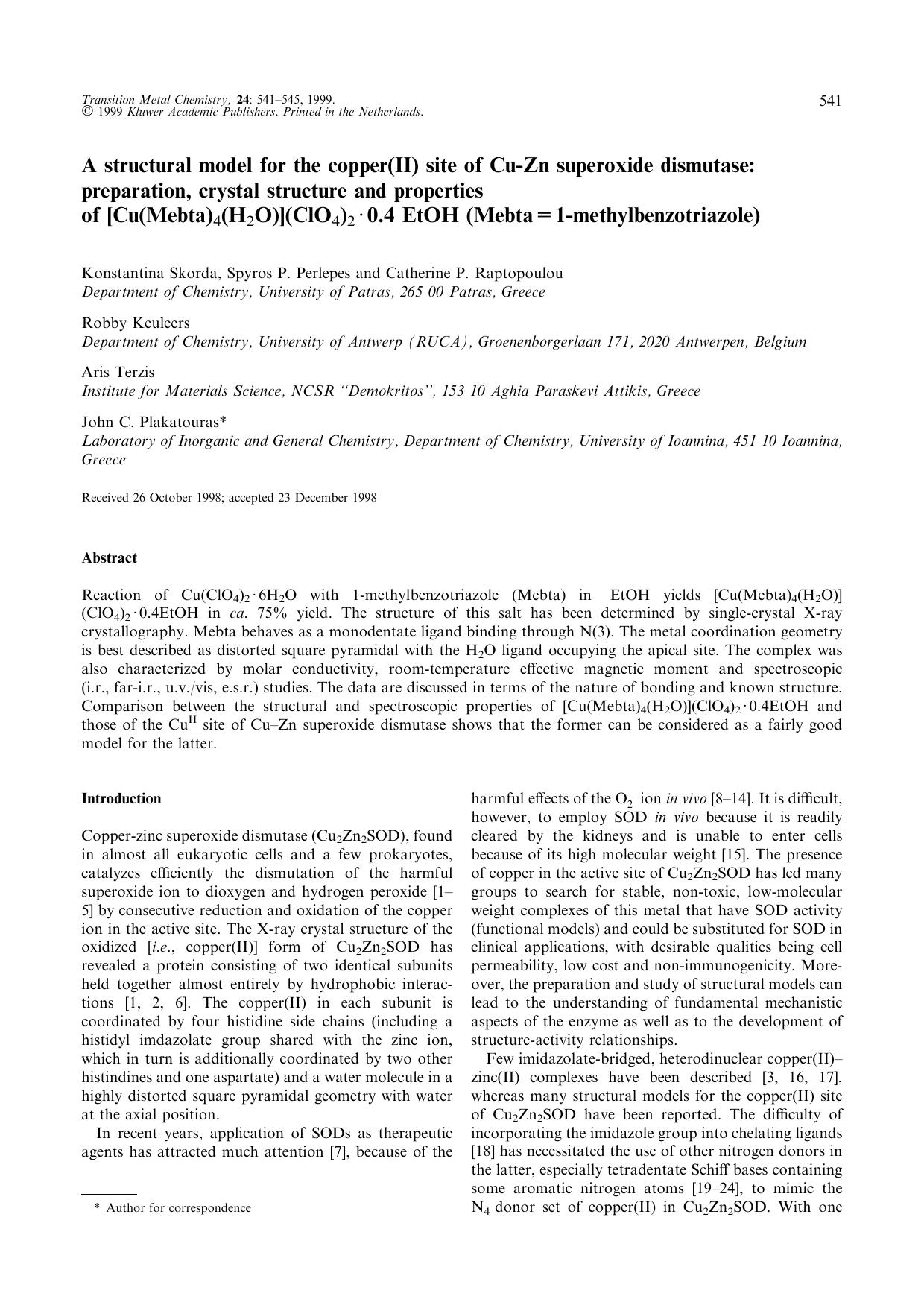 A structural model for the copper(II) site of Cu-Zn superoxide dismutase: preparation, crystal structure and properties of [Cu(Mebta)4(H2O)](ClO4)2·0.4EtOH (Mebta = 1-methylbenzotriazole) by Unknown
