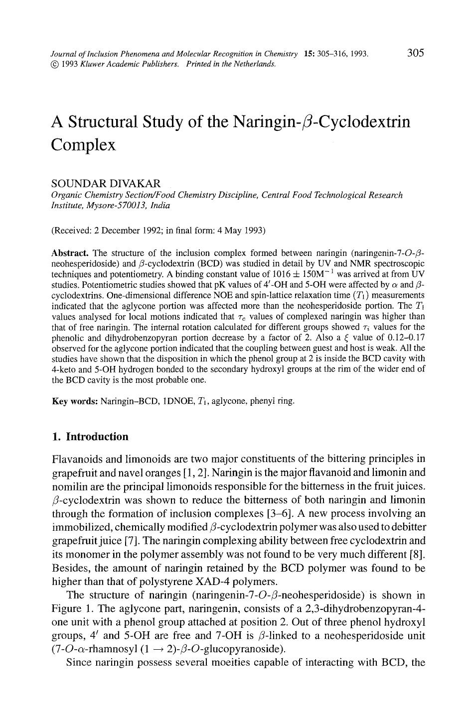 A structural study of the naringin- <Emphasis Type="Italic">&#x03B2; <Emphasis>-cyclodextrin complex by Unknown