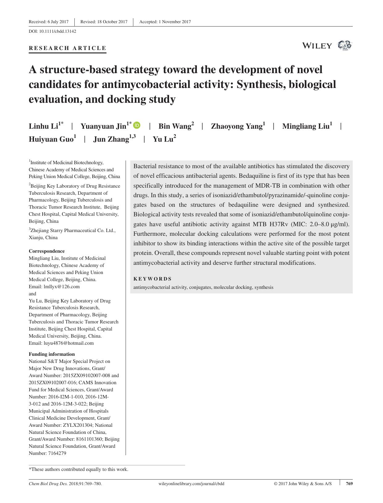 A structure‐based strategy toward the development of novel candidates for antimycobacterial activity: Synthesis, biological evaluation, and docking study by unknow