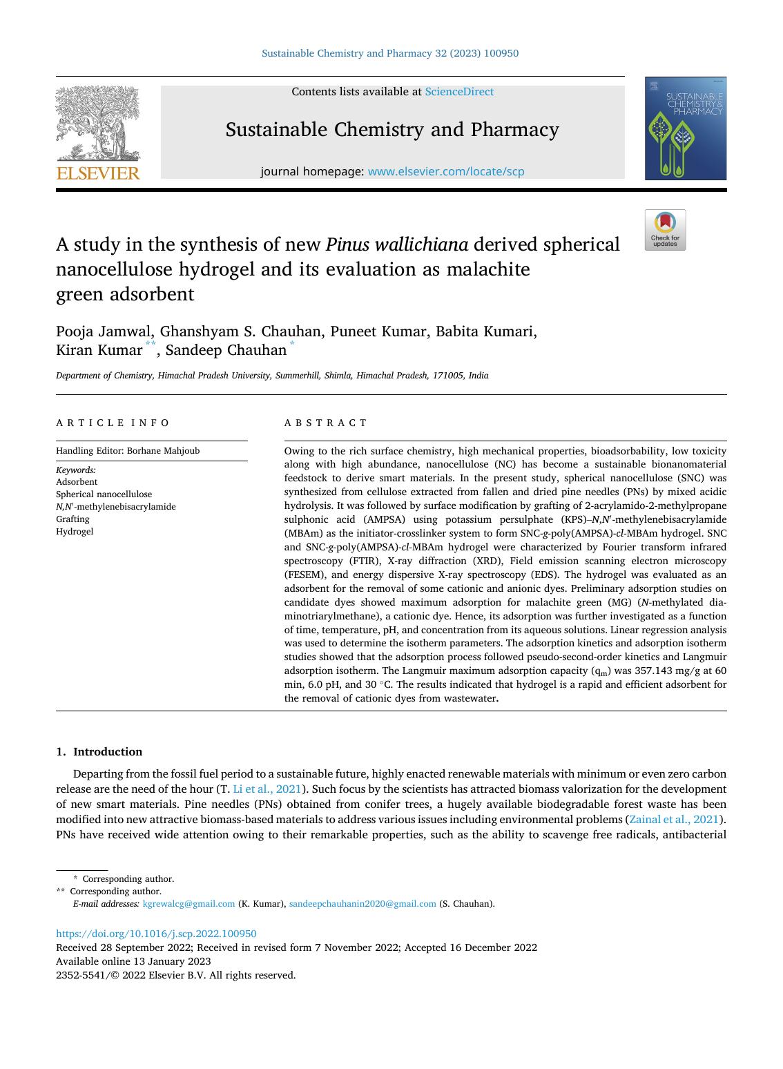 A study in the synthesis of new Pinus wallichiana derived spherical nanocellulose hydrogel and its evaluation as malachite green adsorbent by Pooja Jamwal & Ghanshyam S. Chauhan & Puneet Kumar & Babita Kumari & Kiran Kumar & Sandeep Chauhan