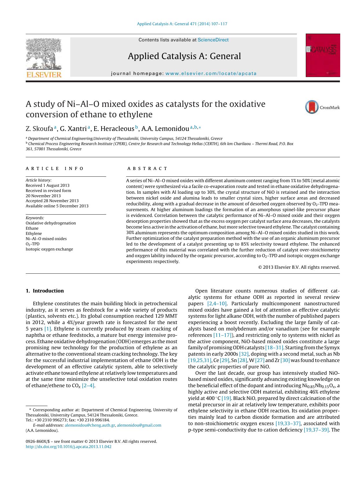 A study of NiâAlâO mixed oxides as catalysts for the oxidative conversion of ethane to ethylene by Z. Skoufa & G. Xantri & E. Heracleous & A.A. Lemonidou