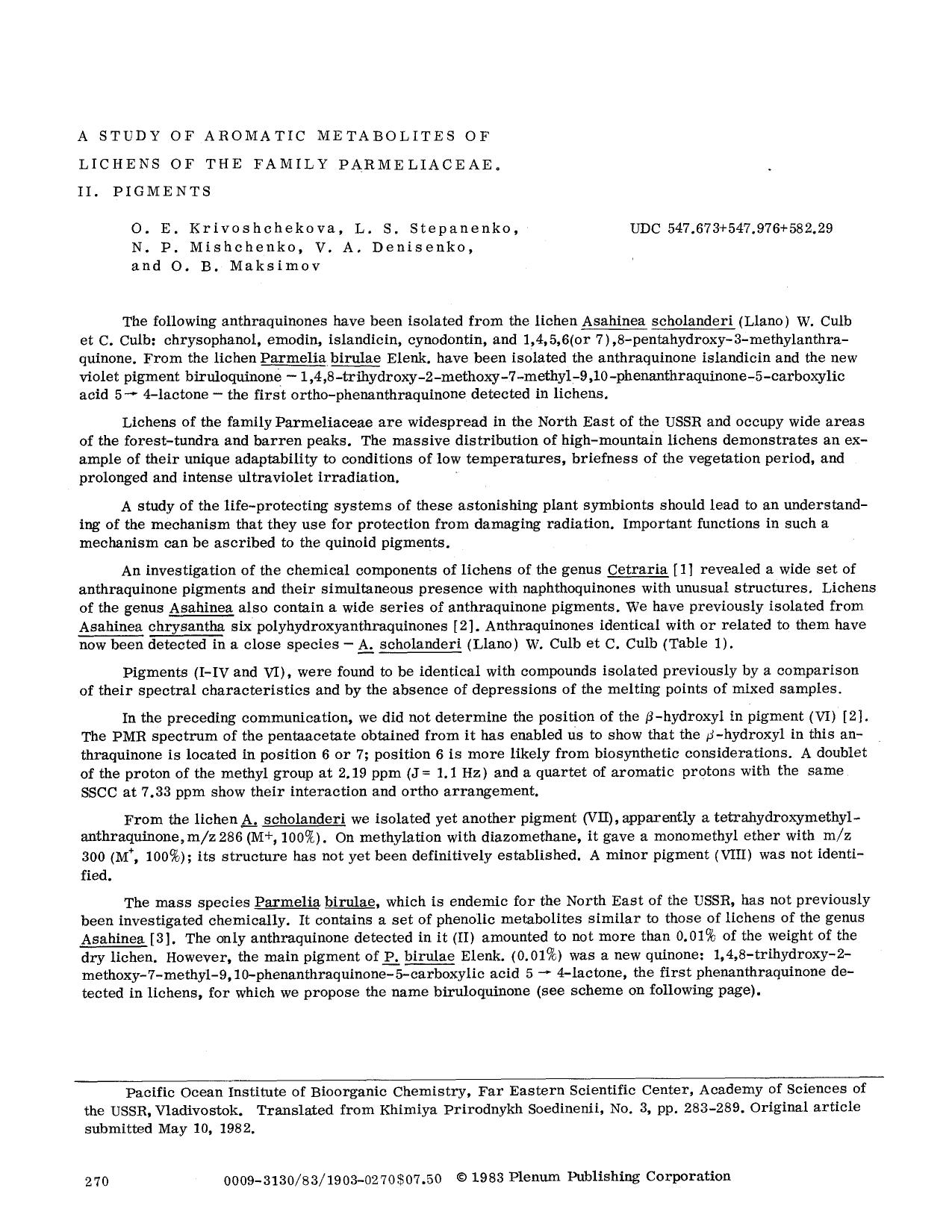 A study of aromatic metabolites of lichens of the family Parmeliaceae. II. Pigments by Unknown